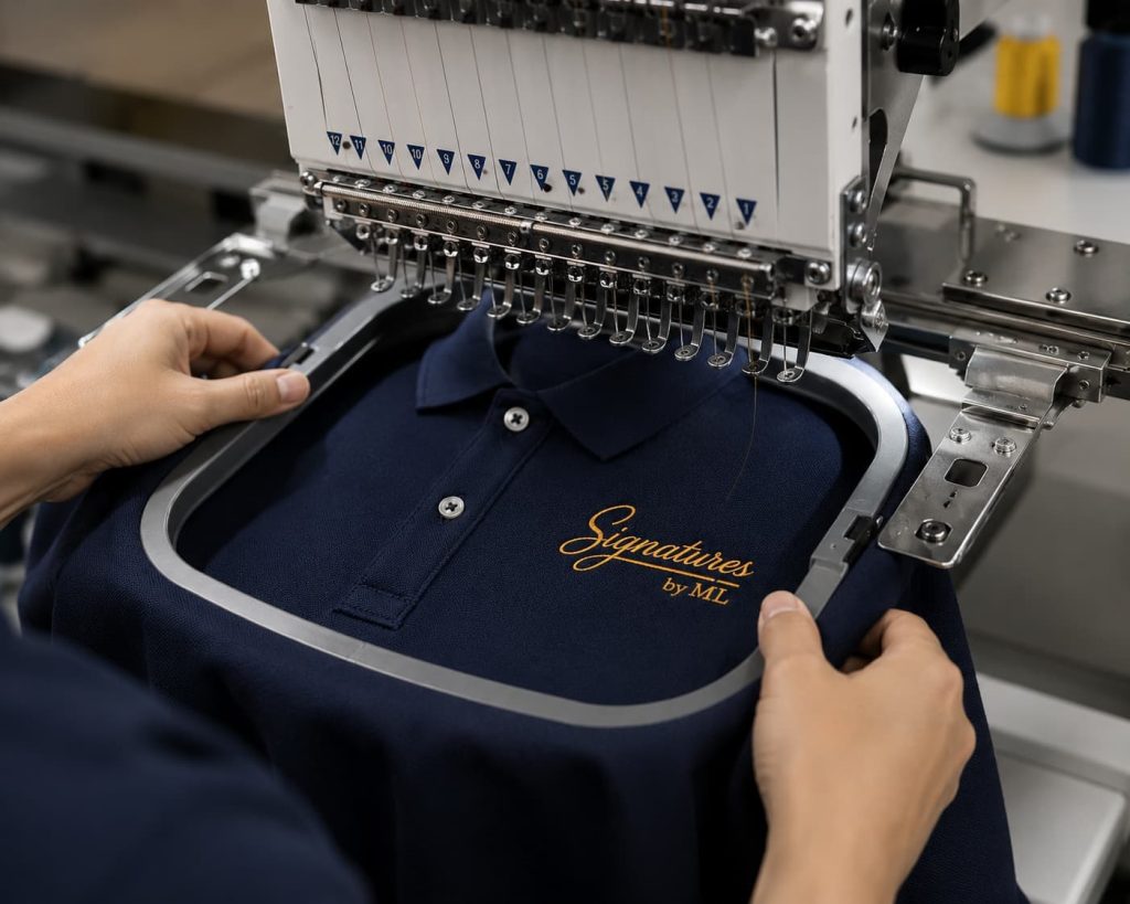 Commercial embroidery machine stitching a custom logo onto apparel