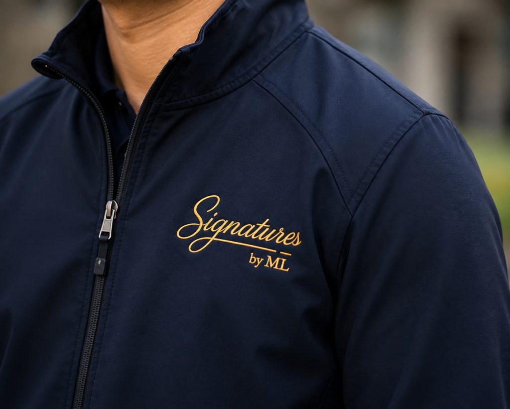Weatherproof corporate outerwear jackets with custom embroidered company logos