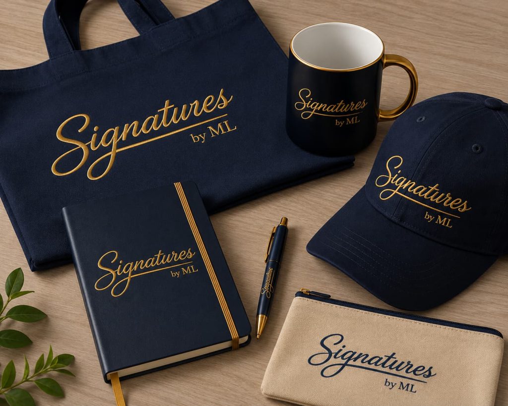 Custom branded promotional products including pens, drinkware, and notebooks for Manhattan events