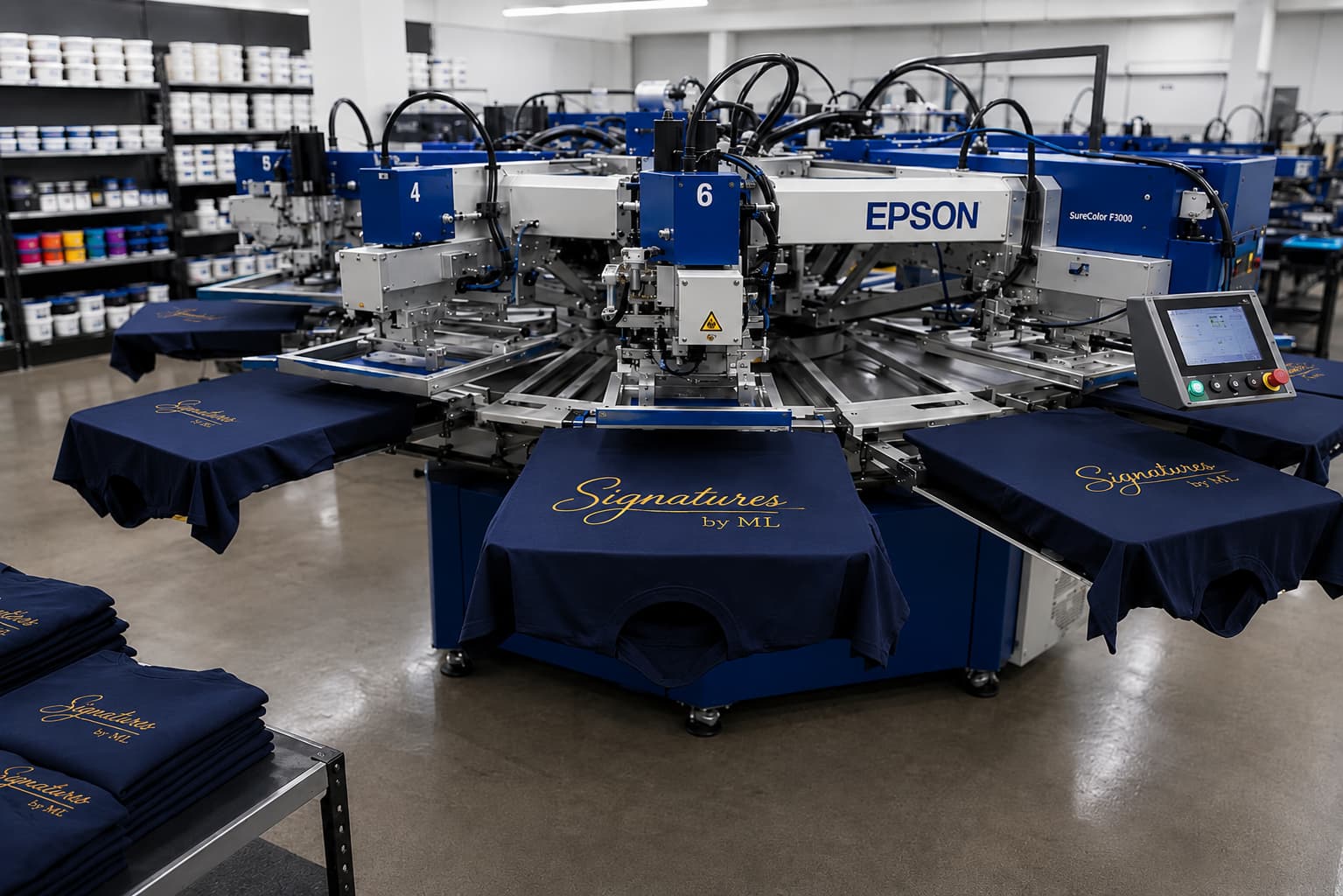 Precision screen printing press running custom bulk t-shirts for Manhattan businesses